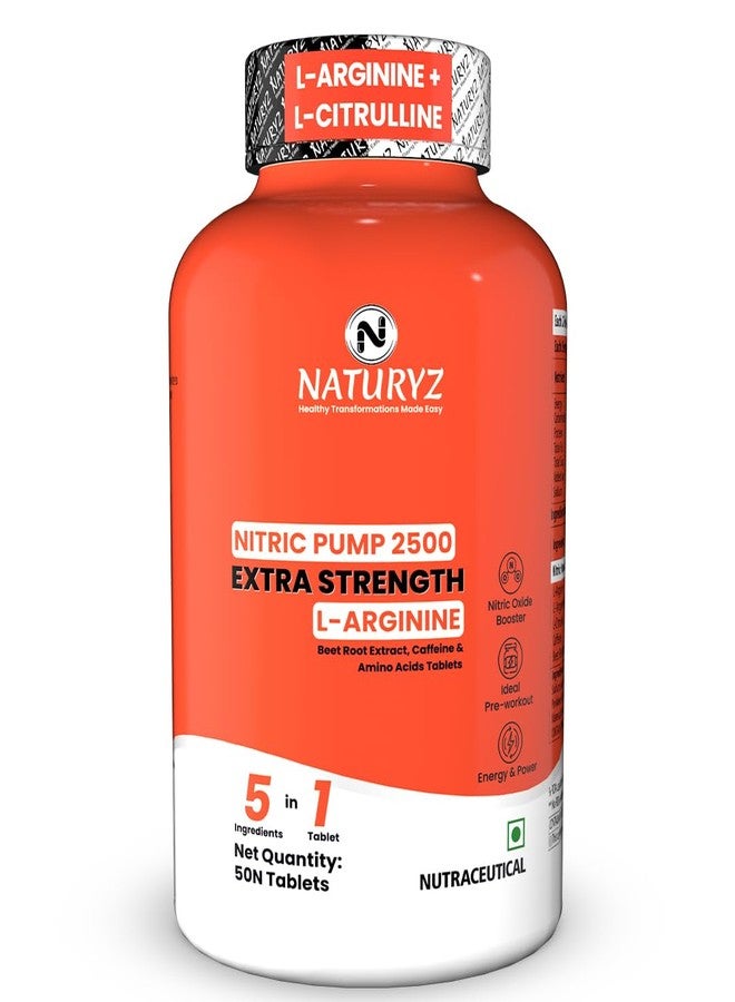 NATURYZ Nitric Pump 2500 Mg Extra Strength L-Arginine | L Citrulline | Caffeine | Boosts Stamina | Energy | Increases Blood Flow | Improves Performance | Ideal Pre-workout Supplement for Men & Women- 50 Tablets - Image 1