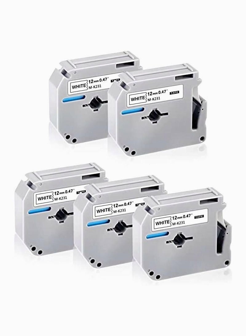 SYOSI 5PK 12mm 0.47 M-K231s M Tape Compatible with Brother M Tape 12mm 0.47 White M-k231 M-k231s, Black on White for Brother 12mm 1/2 M Tape Label Maker Tape for Brother PTouch PT-65 PT-80PT-M95 PT-70 - Image 1
