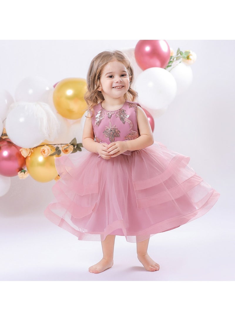 1–2Y Toddler Girl Summer Dress, Pink Floral Embroidered Dress with Sequin Detail, Perfect for Birthday, Weddings, Pageants, Eid Parties, Fits Height 90–100cm - Image 4