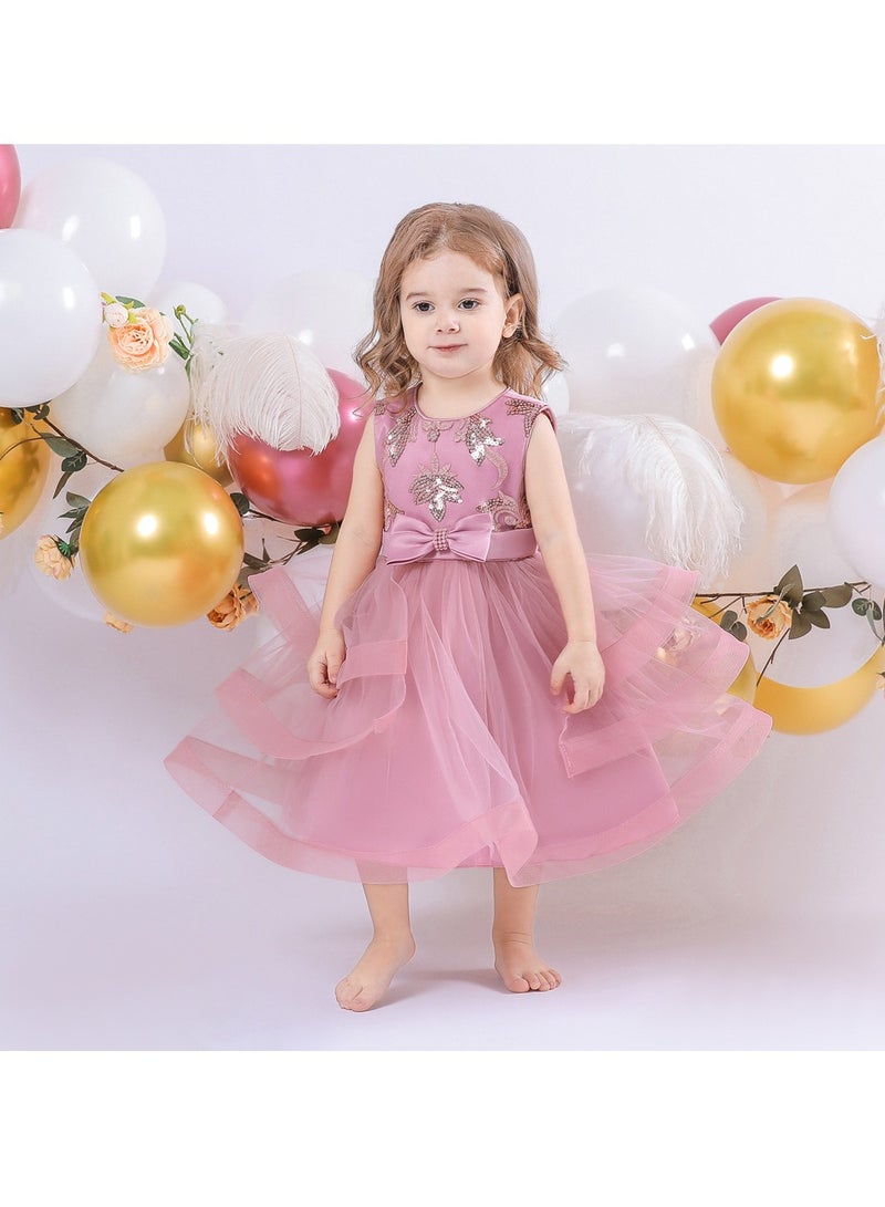 1–2Y Toddler Girl Summer Dress, Pink Floral Embroidered Dress with Sequin Detail, Perfect for Birthday, Weddings, Pageants, Eid Parties, Fits Height 90–100cm - Image 1