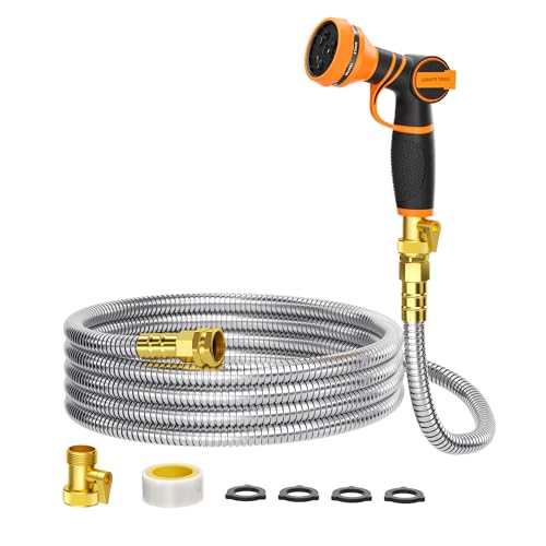 Giraffe Tools Girafe Tools Garden Hose 25ft x 5/8", 304 Stainless Steel Metal Water Hose, No Kink Garden Water Hose with 9 Pattern Spray Nozzle, Flexible, Lightweight, Kink Free Hose for Yard, Outdoor - Image 1