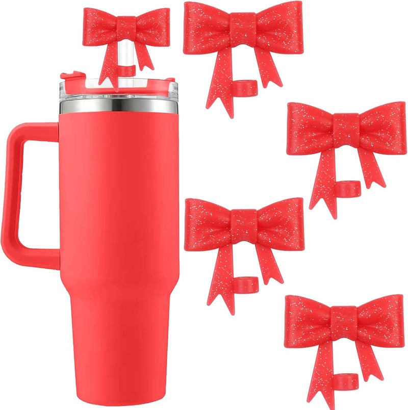 Hpebl 4Pcs Silicone Straw Toppers Covers for Stanley Cups 40/30oz 10mm(0.4in) Shiny Red Dust-Proof Bow Straw Covers Toppers Suitbale for Stanley Cup Accessories Reusable Straws Caps - Image 1