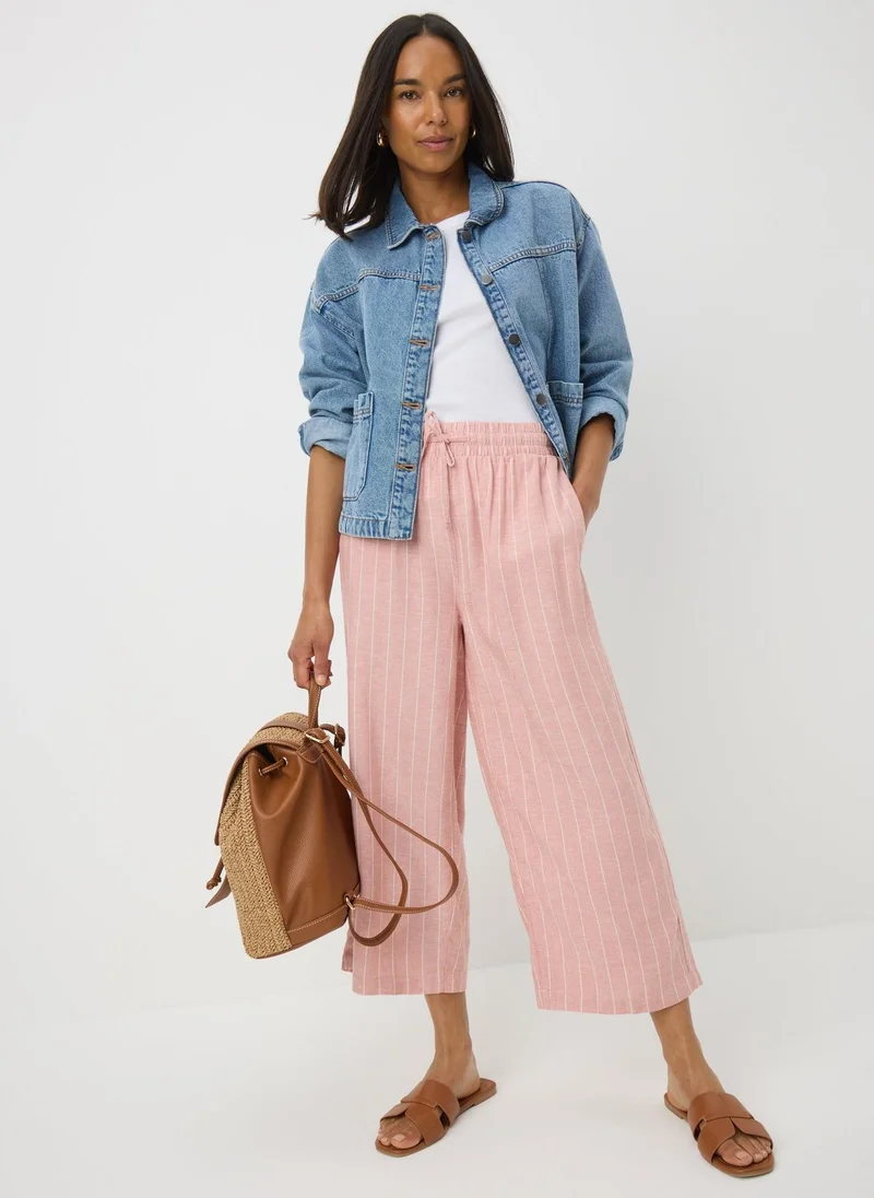 Matalan Pale Pink Linen Blend Stripe Wide Leg Cropped Trousers