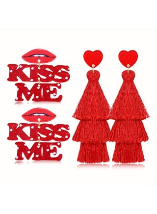 2 Pairs Valentines Earrings Glitter Resin Lips Kiss Me Earrings Heart Tassel Dangle Earrings Valentines Day Gifts For Her Party Jewelry (Red) - pzsku/ZE3F57631F0C57BB90D8AZ/45/_/1735816646/91e7b46f-0b44-4c45-96ac-130dd108b7b6