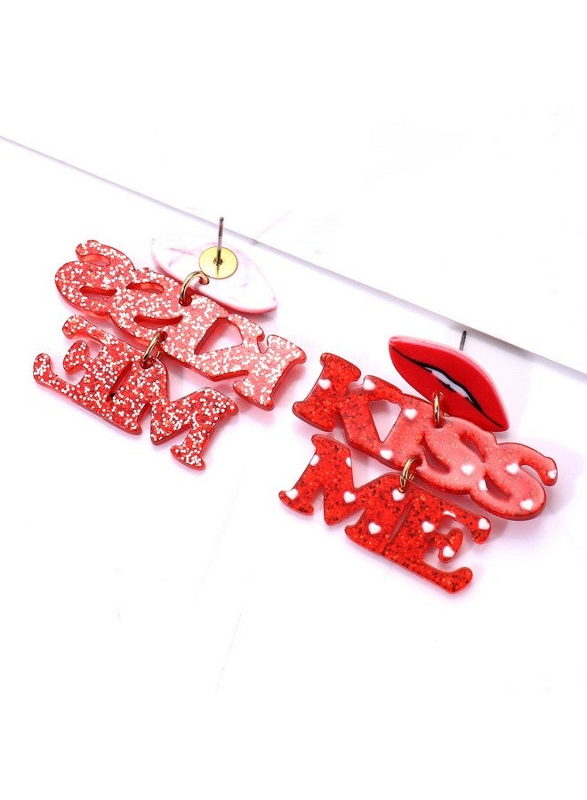 2 Pairs Valentines Earrings Glitter Resin Lips Kiss Me Earrings Heart Tassel Dangle Earrings Valentines Day Gifts For Her Party Jewelry (Red)
