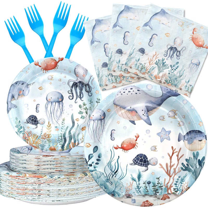 Celee Under the Sea Party Supplies for 20 Guests â€“ Ocean Themed Birthday Party Plates, Napkins, and Blue Forks â€“ Disposable Underwater Animal Tableware for Kidsâ€™ Birthday or Baby Shower - Image 1