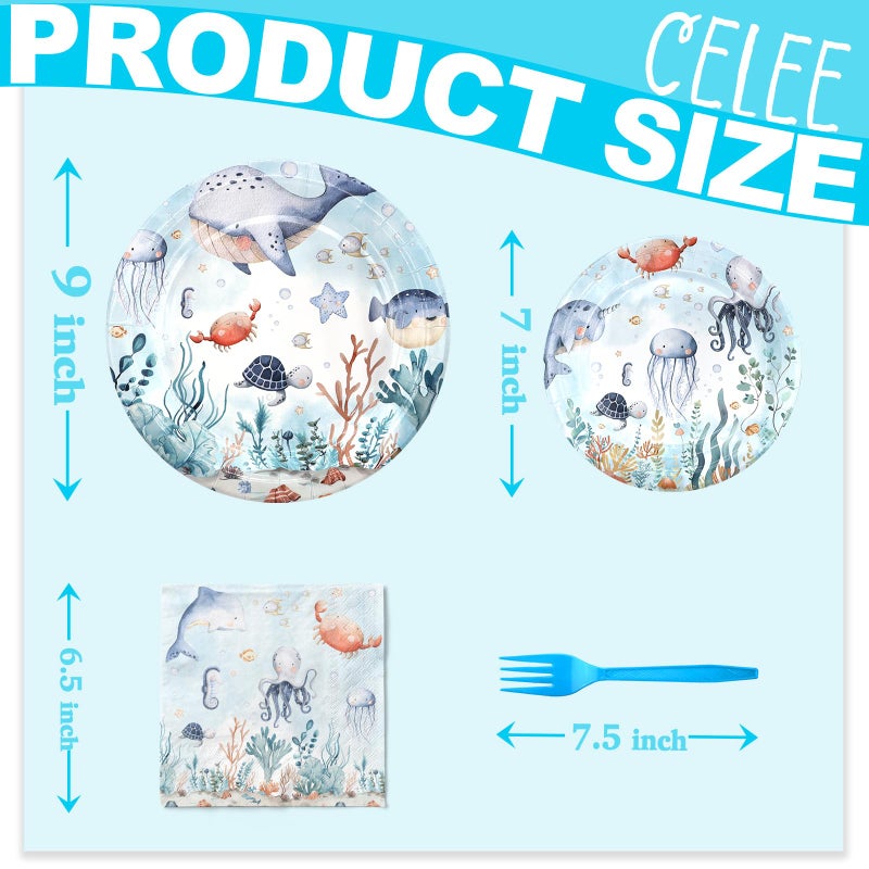 Celee Under the Sea Party Supplies for 20 Guests â€“ Ocean Themed Birthday Party Plates, Napkins, and Blue Forks â€“ Disposable Underwater Animal Tableware for Kidsâ€™ Birthday or Baby Shower - Image 2