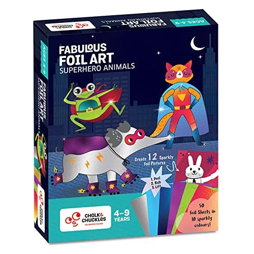Chalk and Chuckles Fabulous Foil Art, Create 12 Superhero Animals Theme Pictures, Paper Arts & Craft Kits, Gifts for Boys & Girls Age 4, 5, 6, 7, 8, 9 Year Old, DIY Creative Activity for Kids - Image 1