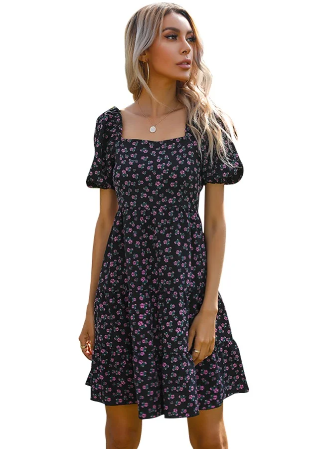 يونيكي Black Floral Print Mini Dress