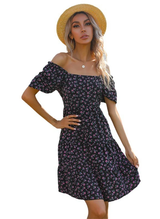يونيكي Black Floral Print Mini Dress