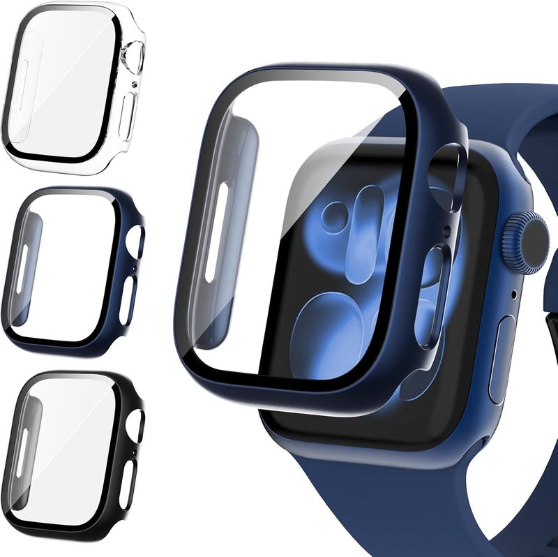 FULLIFE 3 Pack Screen Protector 46mm Compatible for Apple Watch Series 10 with 9H Tempered Glass,Overall Shockproof Cover Protective Case for iWatch 46mm(Black/Blue/Transparent) - Image 1