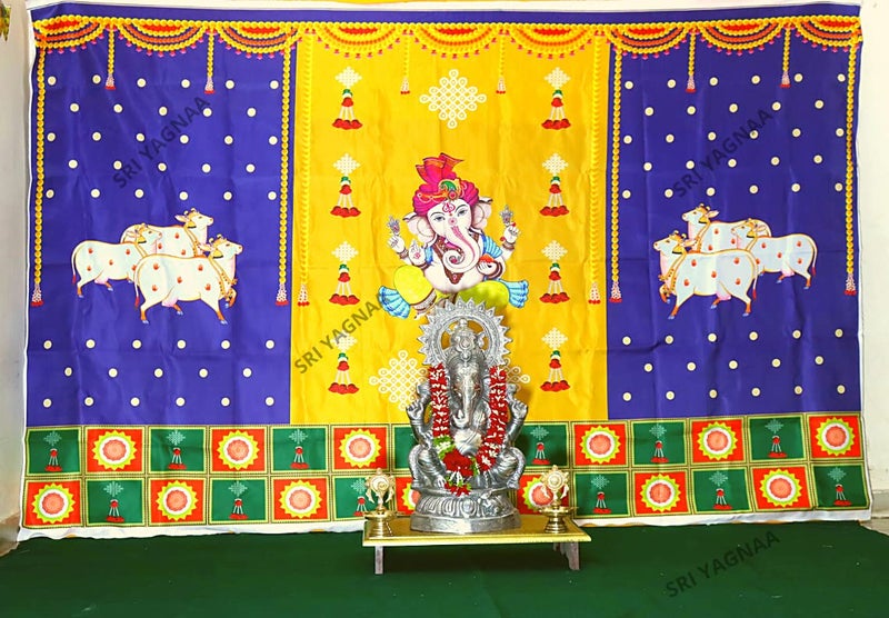 SRI YAGNAA سري ياجنا - قماش خلفية لتزيين البوجا (8x5 قدم) - م 30 - (تصميم غانيش مع غوماثا على خلفية زرقاء وصفراء) - Image 4