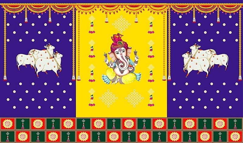 SRI YAGNAA سري ياجنا - قماش خلفية لتزيين البوجا (8x5 قدم) - م 30 - (تصميم غانيش مع غوماثا على خلفية زرقاء وصفراء) - Image 1