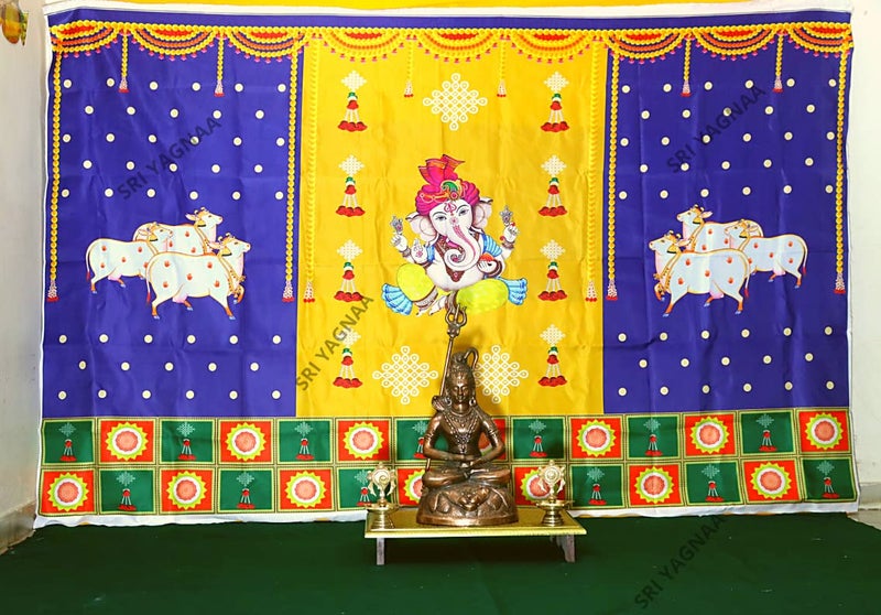 SRI YAGNAA سري ياجنا - قماش خلفية لتزيين البوجا (8x5 قدم) - م 30 - (تصميم غانيش مع غوماثا على خلفية زرقاء وصفراء) - Image 5