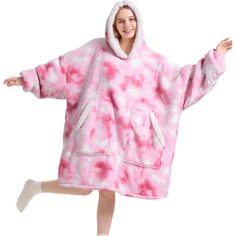 Kipswiza Wearable Blanket Hoodie - Oversized Hooded Blanket Adult  Thick Warm Sherpa Fleece Blanket Sweatshirt for Women Teens Girls Gifts  Pink Tie-dye
