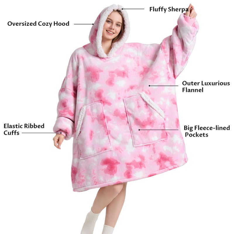 Kipswiza Wearable Blanket Hoodie - Oversized Hooded Blanket Adult  Thick Warm Sherpa Fleece Blanket Sweatshirt for Women Teens Girls Gifts  Pink Tie-dye