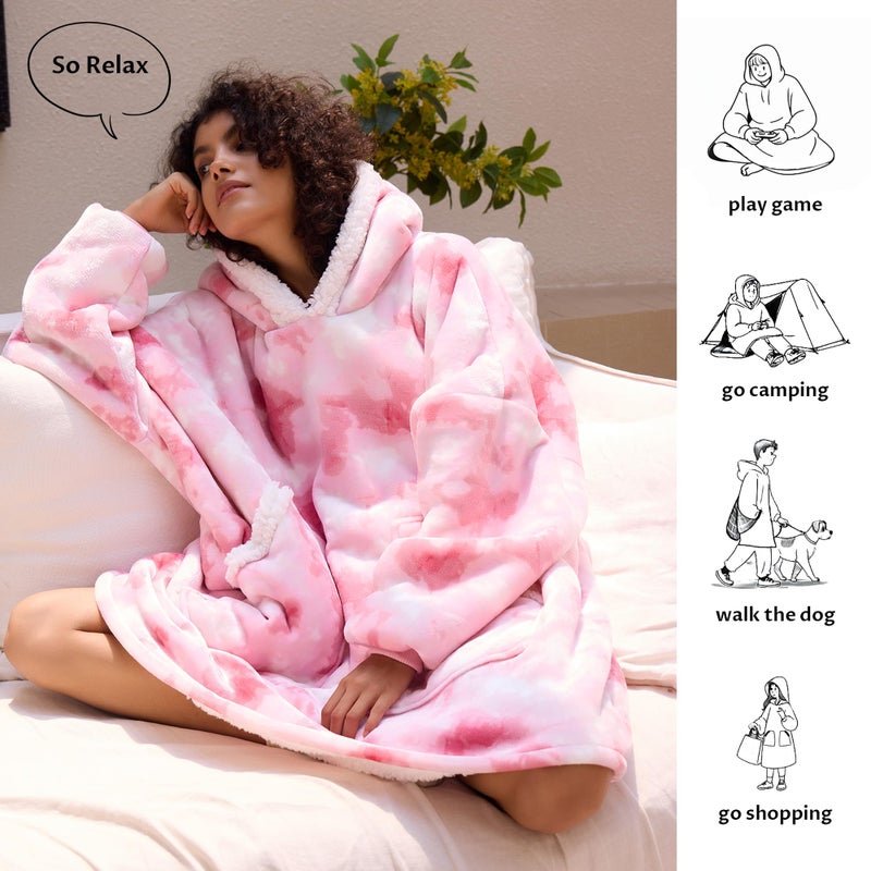 Kipswiza Wearable Blanket Hoodie - Oversized Hooded Blanket Adult  Thick Warm Sherpa Fleece Blanket Sweatshirt for Women Teens Girls Gifts  Pink Tie-dye