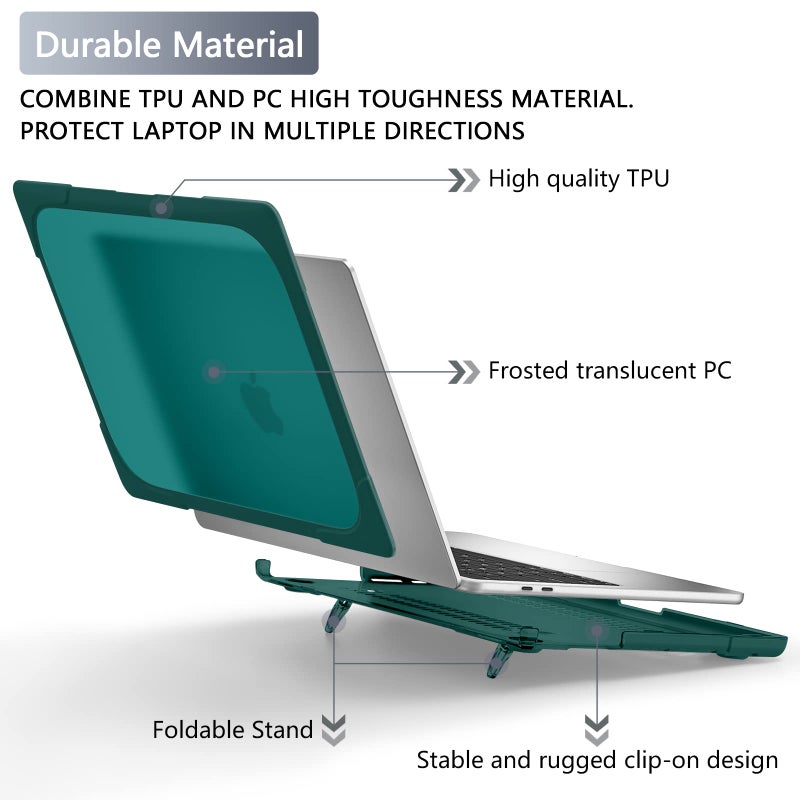Batianda Heavy Duty Case for MacBook Pro 13 inch 2022 2020 Release A2338 M2 M1 A2289 A2251, Ergonomic Foldable Kickstand (Holds 22lbs) Matte Translucent Shockproof Cover with Spare Parts, Deep Teal - Image 4