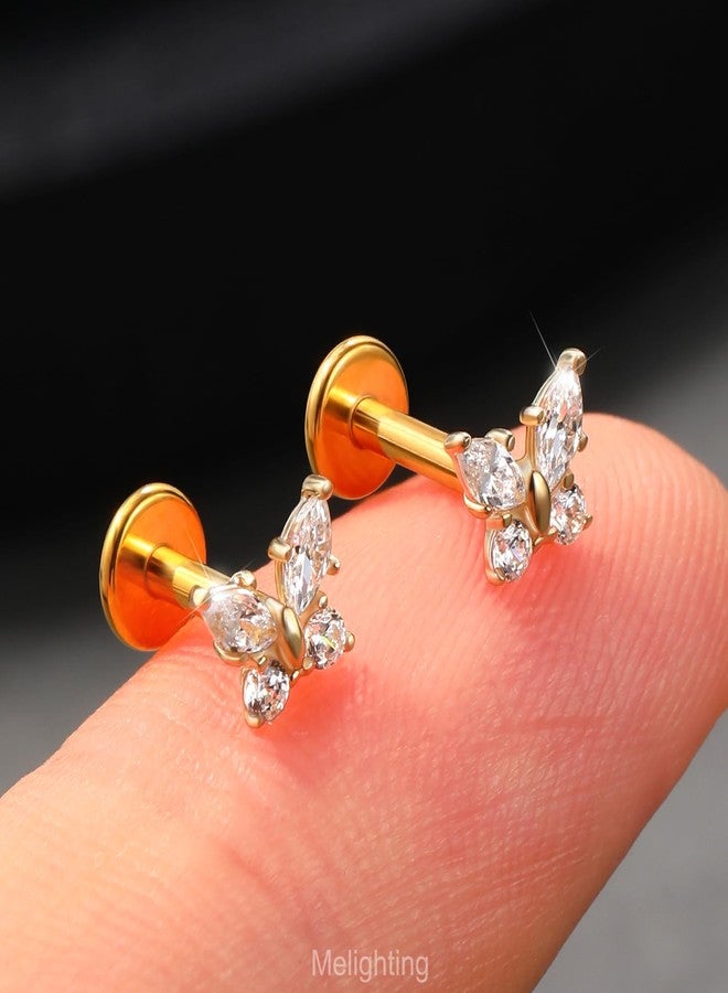 Melighting 14K Solid Gold Butterfly Cartilage Earring - Titanium Threadless Push In Earring, 16G Flat Back, 6 mm Helix Piercing for Women - Image 2