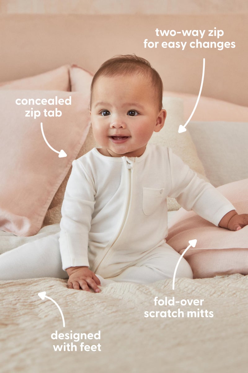 MORI Baby Unisex Clever Pajamas in White with Two Way Zip - Viscose from Bamboo - Comfort Jumpsuit Footed Nightwear for Boys and Girls - 0-3 Months - Image 4