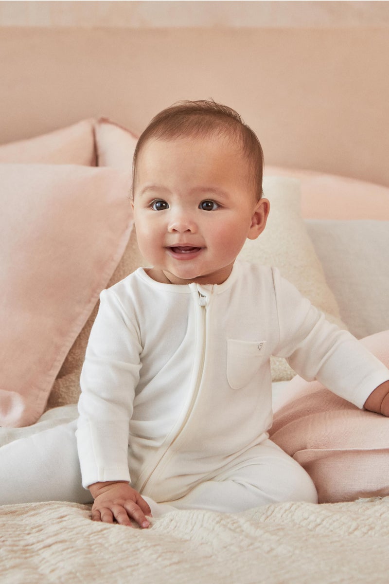 MORI Baby Unisex Clever Pajamas in White with Two Way Zip - Viscose from Bamboo - Comfort Jumpsuit Footed Nightwear for Boys and Girls - 0-3 Months - Image 2