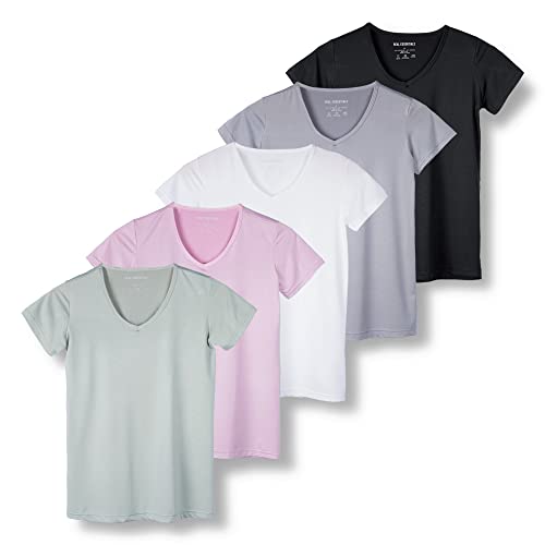 REALESSENTIALS Real Essentials 5 Pack: Women's Dry Fit Short Sleeve V Neck Workout Top - Fitness Pilates Gym Athletic Yoga T-Shirt (Plus Available), Set 9, L - Image 1