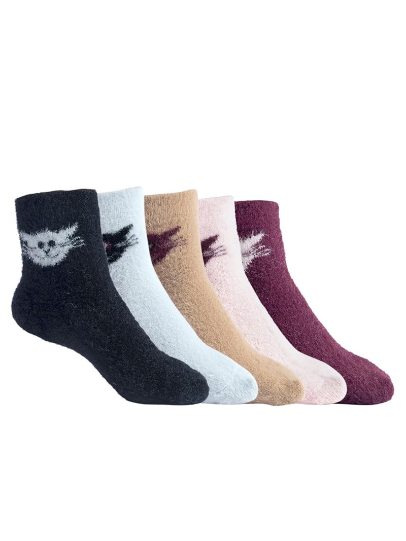 Texton Kids Faux Fur Nylon Microfibre Woolen Winter Ankle Socks – Warm, Soft, Cozy, Plush Texture, Stretch Fit, Multicolor Design, Pack of 5 - Image 1