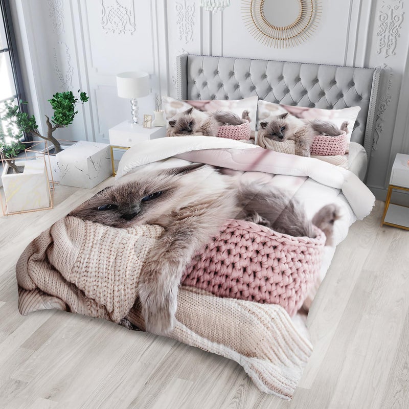 Tuzaovy Queen Cat Comforter Set for Girls, Kawaii Queen Size Bedding, Cute Comforter Set for Teen Girls, Cat Room Decor - Image 2
