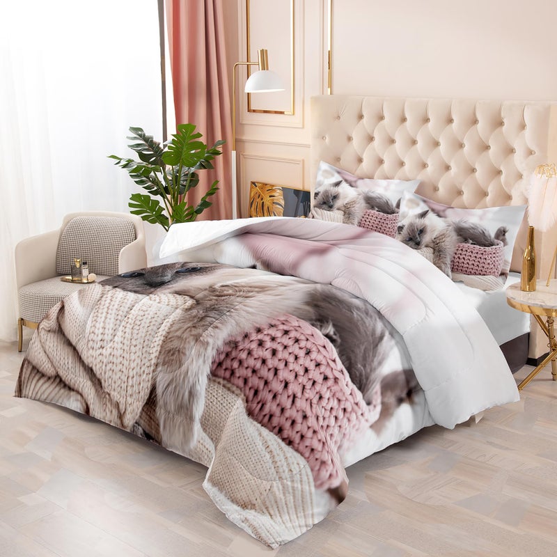Tuzaovy Queen Cat Comforter Set for Girls, Kawaii Queen Size Bedding, Cute Comforter Set for Teen Girls, Cat Room Decor - Image 4