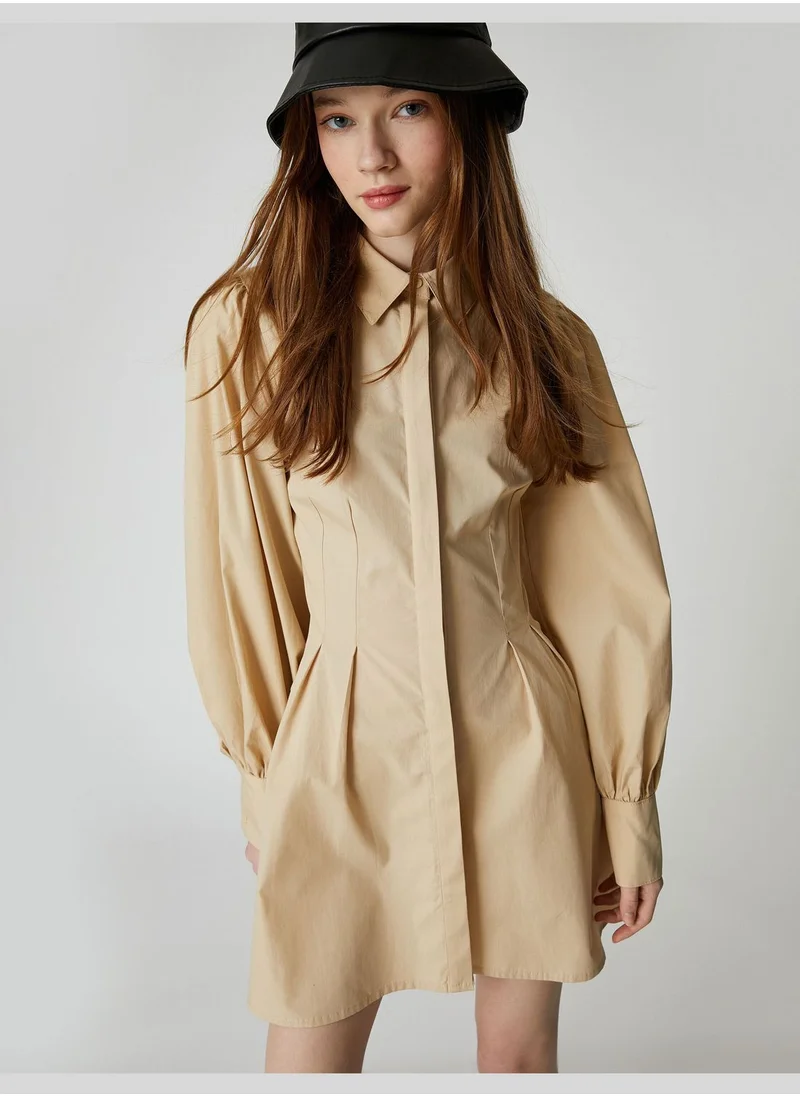 KOTON Cotton Long Sleeve Pleated Shirt Dress