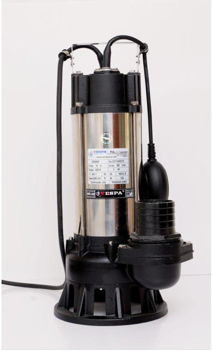 DR 300F 3HP Sewage Cutter Pump 890 LPM Flow 18m Head 3 Inch Inlet Outlet Single Phase Cast Iron & 304SS Body Heavy Duty Drainage Pump