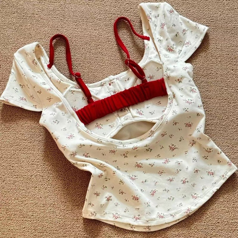 Fake Two-Piece Floral Short-Sleeved T-Shirt For Women With Breast Pads, Slimming Look, Pure Desire Backless Short Top For Women - Image 4