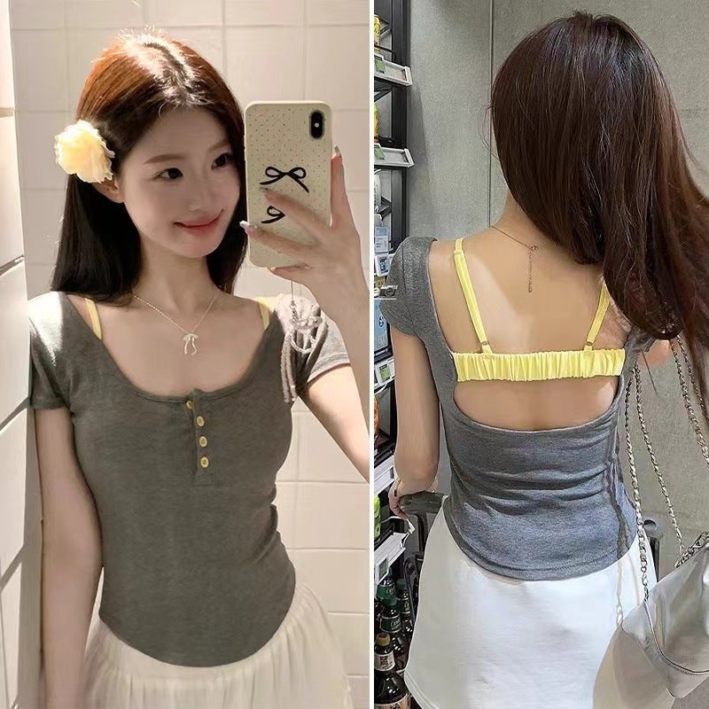 Fake Two-Piece Floral Short-Sleeved T-Shirt For Women With Breast Pads, Slimming Look, Pure Desire Backless Short Top For Women - Image 3