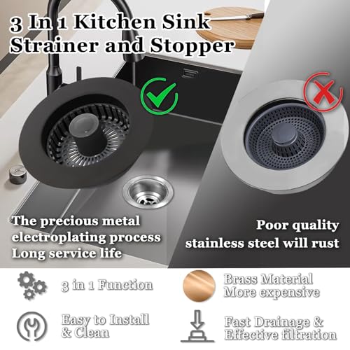 BAOLSLS 3 in 1 Kitchen Sink Stopper, Pop Up Kitchen Sink Drain Strainer, with an Extra Basket Strainer, Kitchen Sink Drain Stopper for US Standard 3-1/2 Inch, Brass Material Electroplate Black - Image 4