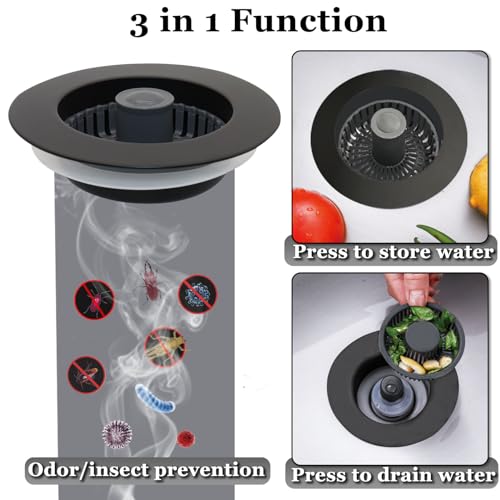 BAOLSLS 3 in 1 Kitchen Sink Stopper, Pop Up Kitchen Sink Drain Strainer, with an Extra Basket Strainer, Kitchen Sink Drain Stopper for US Standard 3-1/2 Inch, Brass Material Electroplate Black - Image 2