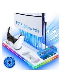 PS5/PS5 Slim Stand & Cooling Station with Controller Playsation 5 Slim/PS5 Charging Station, 10 RGB Lights PS5 Heatsink Accessories include 3-stage cooling fan/USB hub