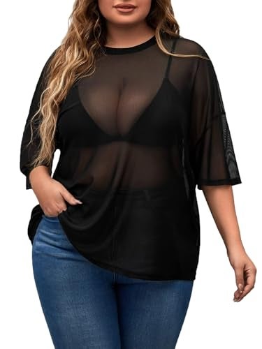 MakeMeChic Women's Plus Size Sequin Tops Fall Mesh Sheer See Through Glitter Short Sleeve Shirts Tops Festival Outfits Black Mesh XX-Large Plus - Image 1