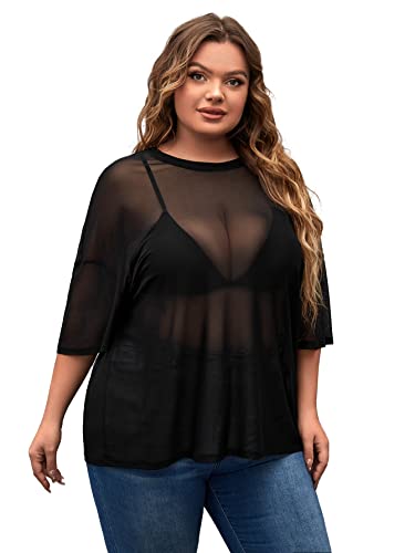 MakeMeChic Women's Plus Size Sequin Tops Fall Mesh Sheer See Through Glitter Short Sleeve Shirts Tops Festival Outfits Black Mesh XX-Large Plus - Image 5