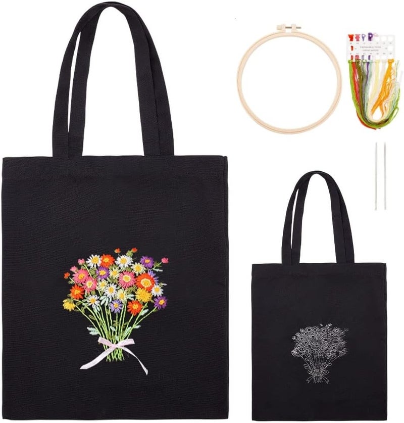 klarako DIY Canvas Tote Bag Embroidery Kit with Pattern, Flower Pattern Black Canvas Bag Cross Stitch Kit Personalized Canvas Bag Needlepoint Kit for Beginner DIY Crafts Supplies - Image 1