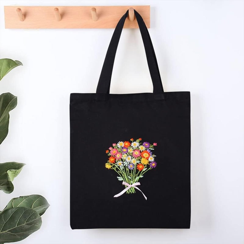 klarako DIY Canvas Tote Bag Embroidery Kit with Pattern, Flower Pattern Black Canvas Bag Cross Stitch Kit Personalized Canvas Bag Needlepoint Kit for Beginner DIY Crafts Supplies - Image 5