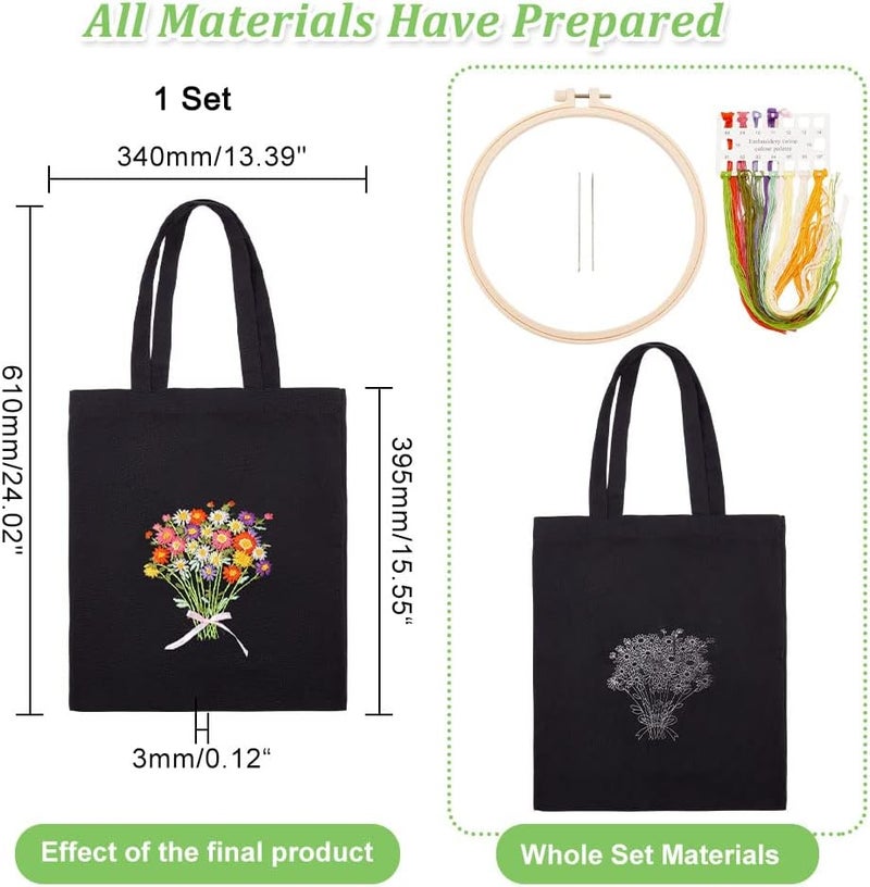 klarako DIY Canvas Tote Bag Embroidery Kit with Pattern, Flower Pattern Black Canvas Bag Cross Stitch Kit Personalized Canvas Bag Needlepoint Kit for Beginner DIY Crafts Supplies - Image 2