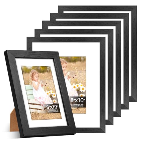 Veelot 8x10 Picture Frame Set of 6 with Shatter-Resistant HD Plexiglass - Use as 5x7 Frame with Mat or Display 8x10 Photo Without Mat - Thin Border Picture Frames for Tabletop Display Black - Image 1