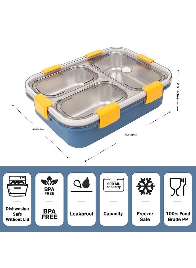 PRIME DEALS Lunch Box Sealed Leakage Proof Stainless Steel Lunch Box with Fork,Chopstick & Spoon Lid Office Food Container 3 Compartment for School Kids and Adults, 750ml (3 Compartment, Blue) - Image 2