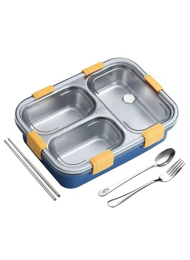 PRIME DEALS Lunch Box Sealed Leakage Proof Stainless Steel Lunch Box with Fork,Chopstick & Spoon Lid Office Food Container 3 Compartment for School Kids and Adults, 750ml (3 Compartment, Blue) - Image 1