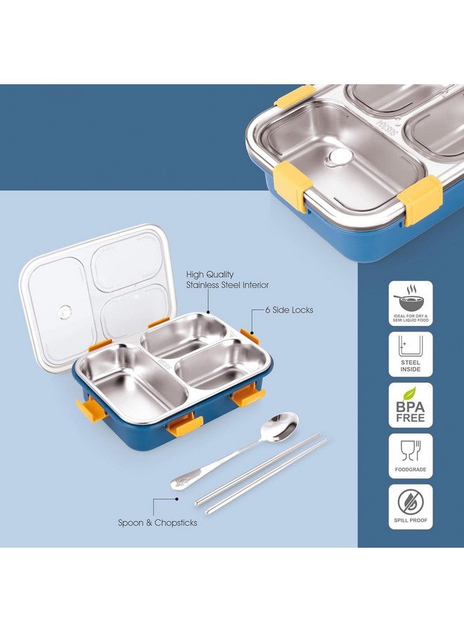 PRIME DEALS Lunch Box Sealed Leakage Proof Stainless Steel Lunch Box with Fork,Chopstick & Spoon Lid Office Food Container 3 Compartment for School Kids and Adults, 750ml (3 Compartment, Blue) - Image 4