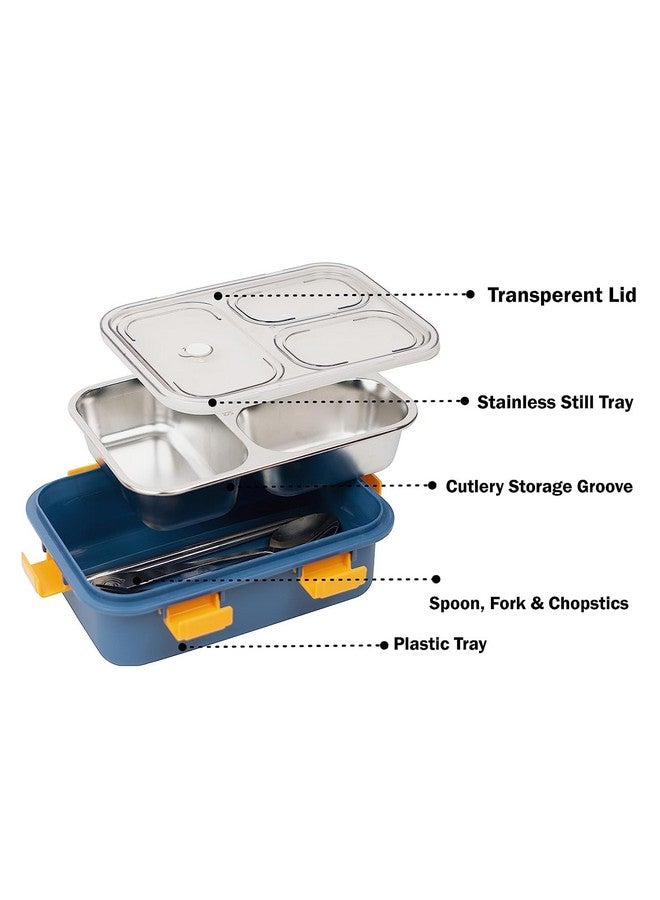 PRIME DEALS Lunch Box Sealed Leakage Proof Stainless Steel Lunch Box with Fork,Chopstick & Spoon Lid Office Food Container 3 Compartment for School Kids and Adults, 750ml (3 Compartment, Blue) - Image 3