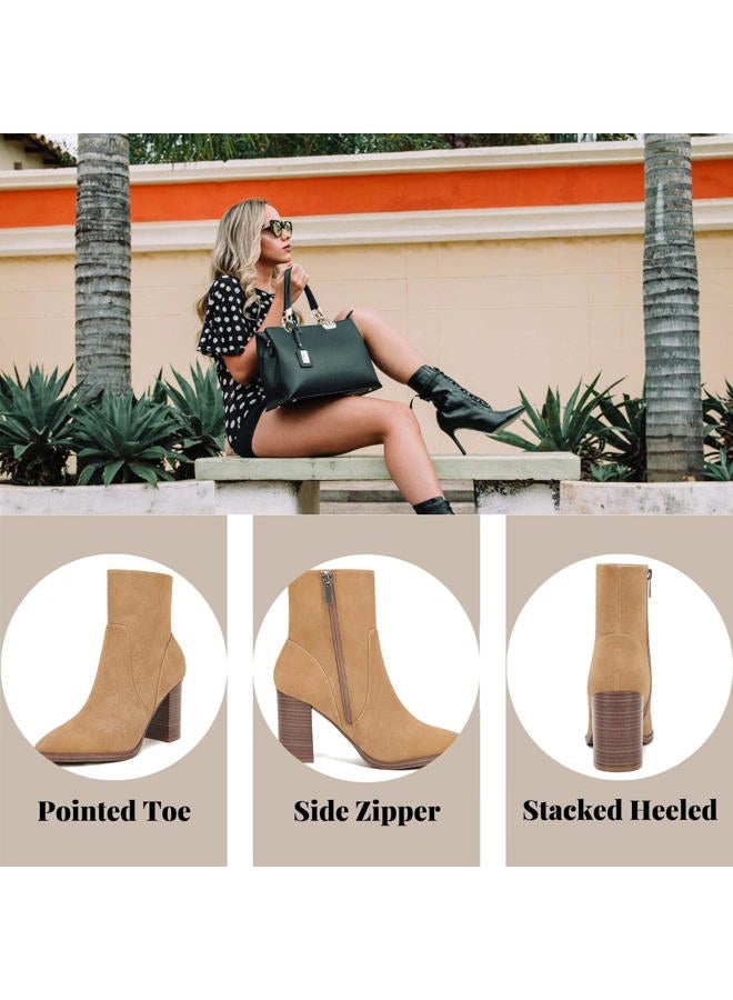 LAICIGO Women's Pointed Toe Ankle Boots Chunky Stacked Heel Side Zipper Faux Leather Ankle Booties, Camel, 8.5 - Image 5