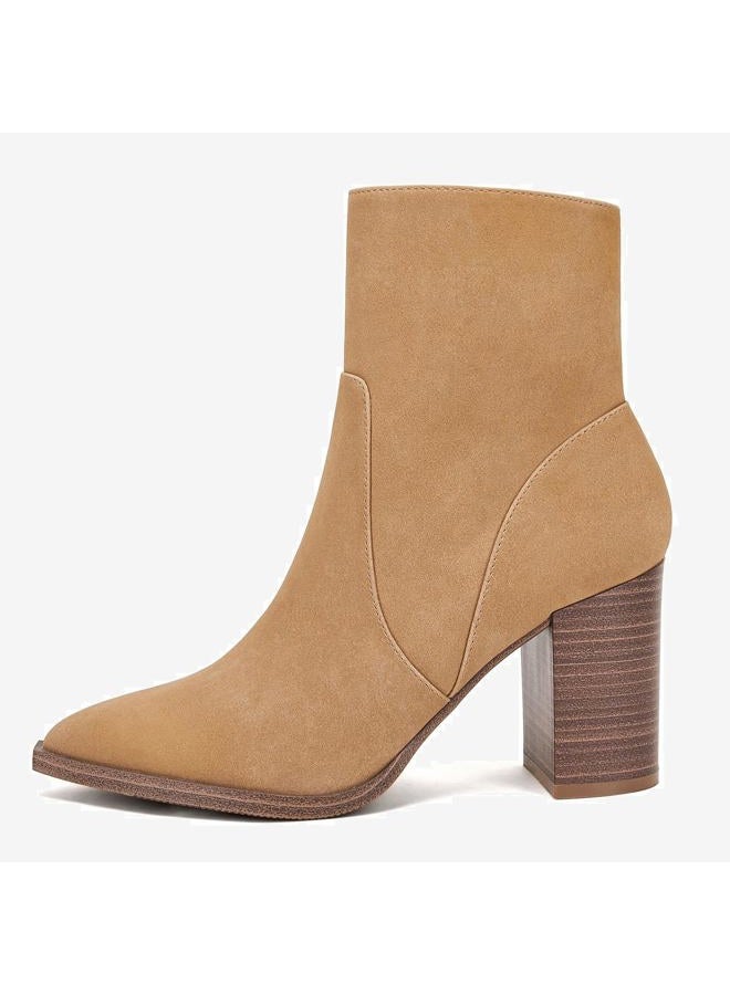 LAICIGO Women's Pointed Toe Ankle Boots Chunky Stacked Heel Side Zipper Faux Leather Ankle Booties, Camel, 8.5 - Image 3