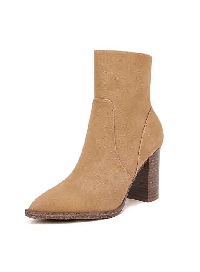 LAICIGO Women's Pointed Toe Ankle Boots Chunky Stacked Heel Side Zipper Faux Leather Ankle Booties, Camel, 8.5 - Image 1