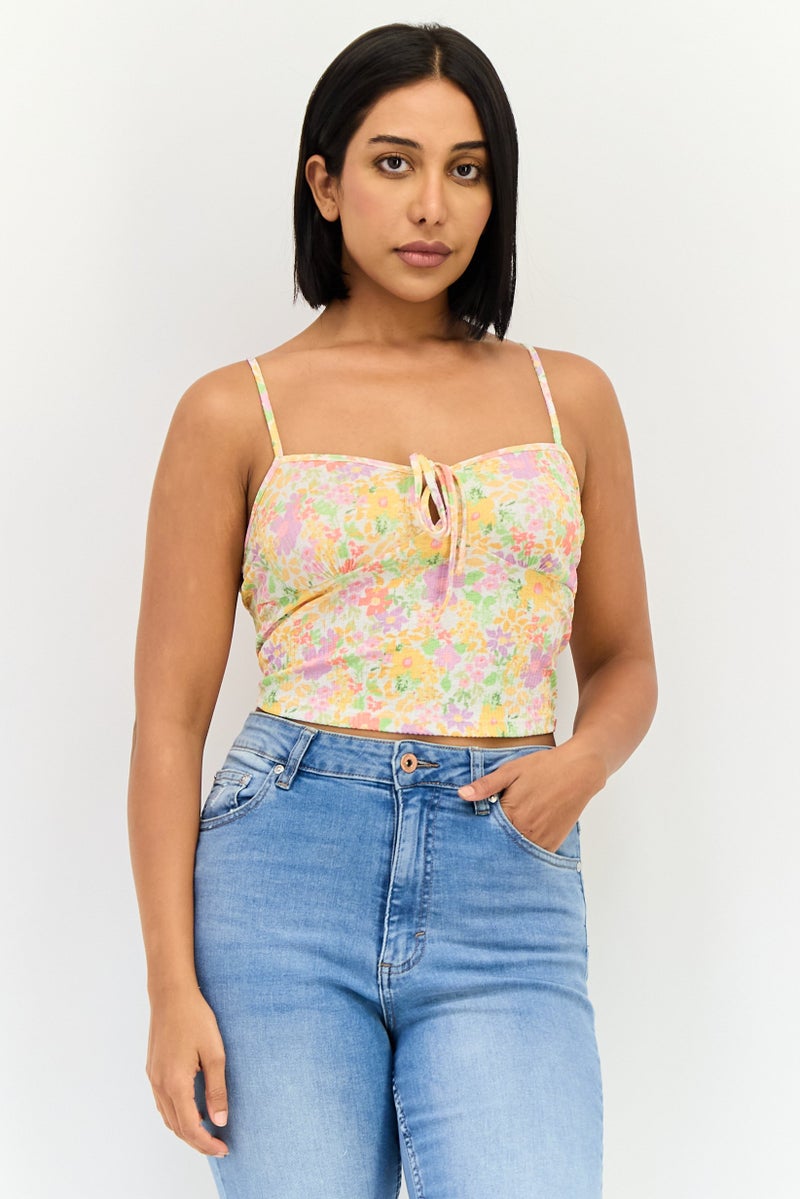 Bershka بلوزة نسائية بدون أكمام بتصميم مربع العنق وطباعة زهور، متعددة الألوان - Image 1